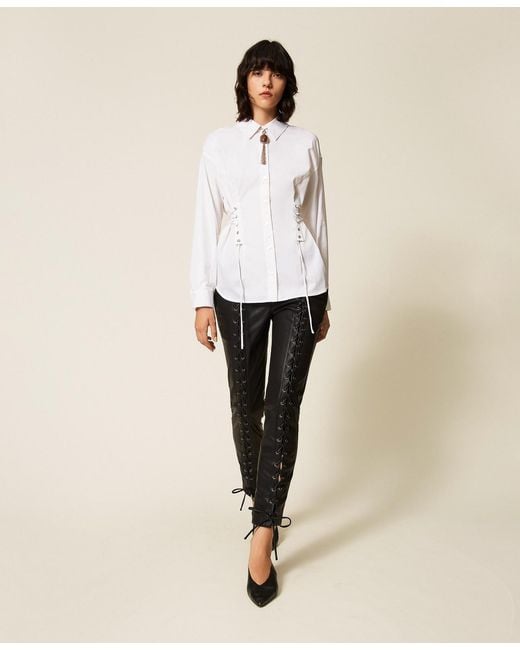Twinset Natural Faux Leather Trousers With Ties