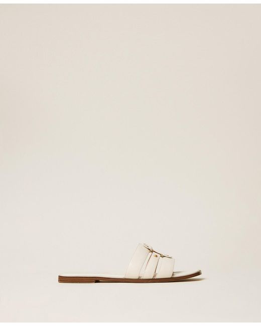Twinset Natural Leather Sliders With Logo