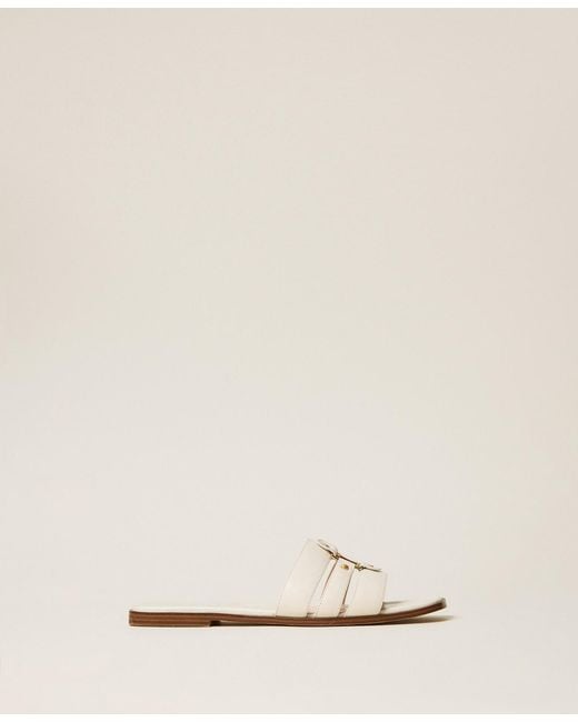 Twinset Natural Leather Sliders With Logo