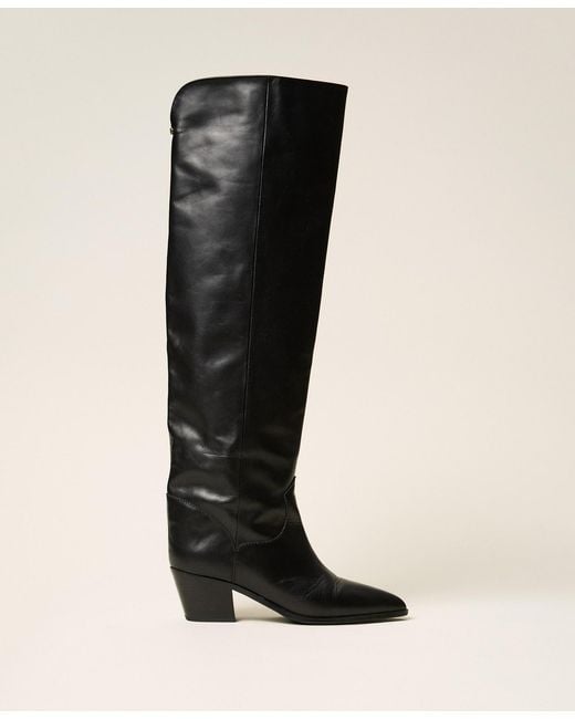 Twinset Black Leather Thigh-High Boots