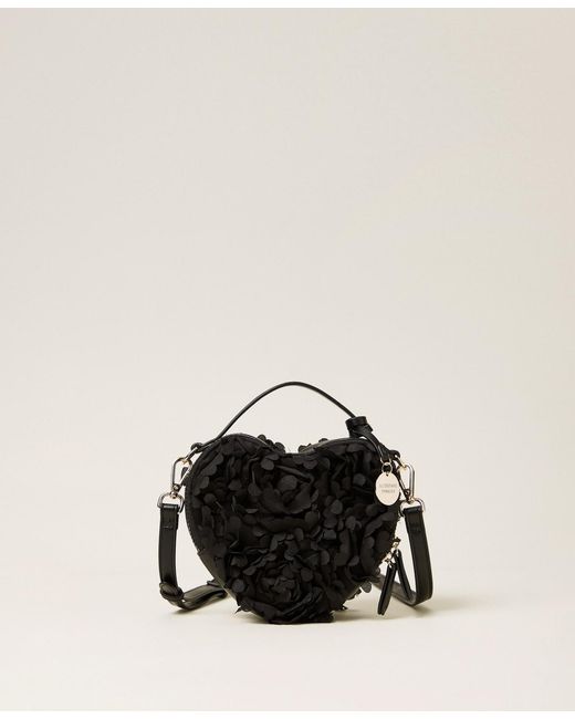 Twinset Black Heart-Shaped Shoulder Bag With Flowers