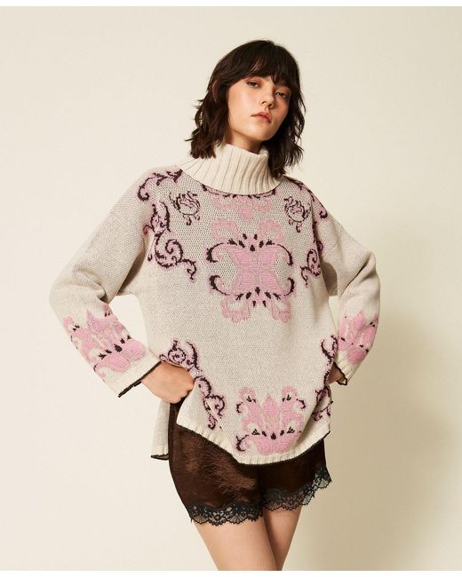 Twinset Natural Jacquard Wool Blend Maxi Jumper