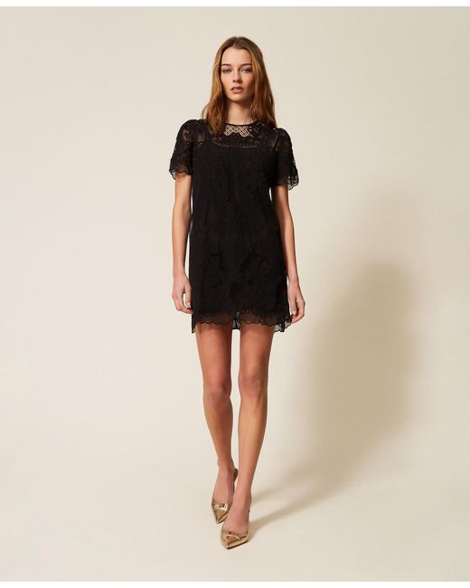 Twinset Natural Short Muslin Dress With Embroidery