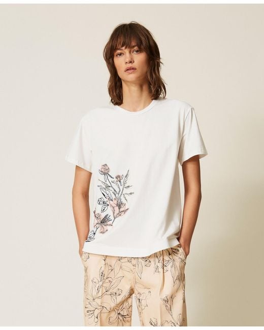 Twinset White T-Shirt With Floral Embroidery