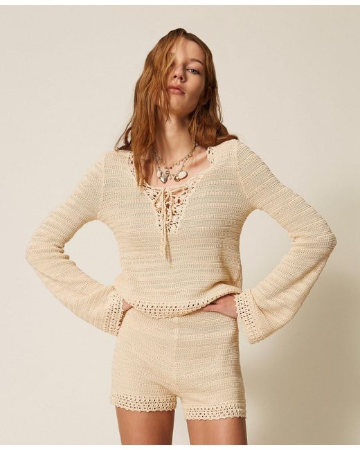 Twinset Natural Knit Shorts With Crochet Detail