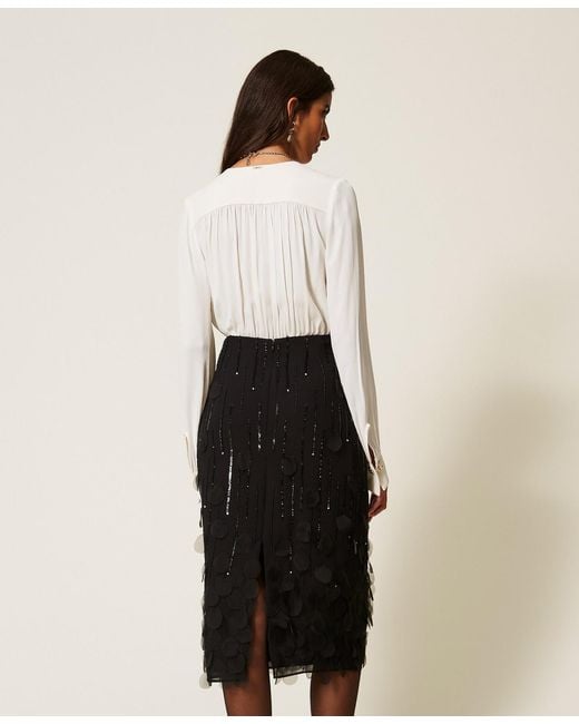 Twinset White Georgette Midi Skirt With Embroidery