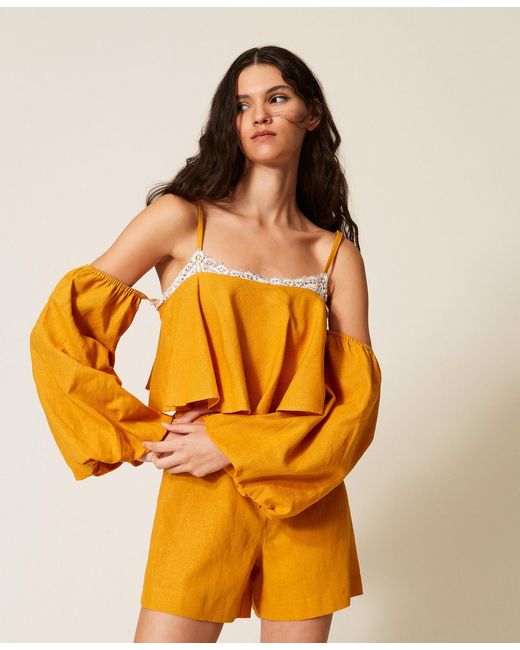 Twinset Orange Linen Blend Short Jumpsuit With Lace
