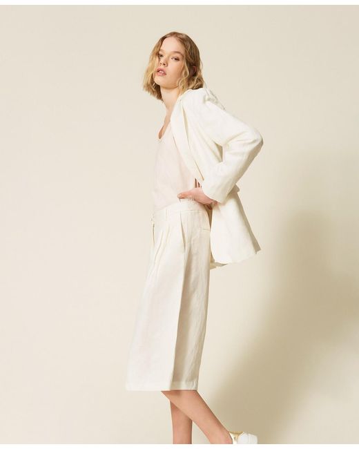 Twinset Natural Linen Blend Bermuda Shorts With Pleats
