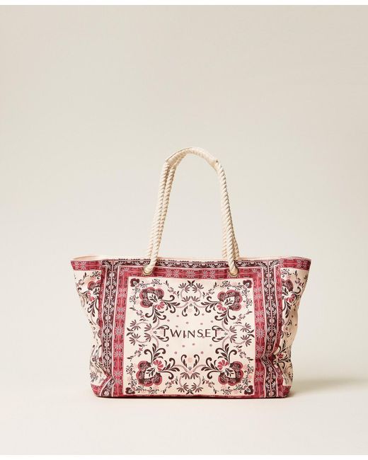 Twinset Pink Canvas Shopper Bag With Print