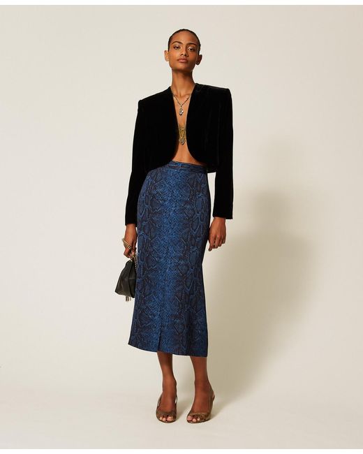 Twinset Blue Python Print Crêpe Midi Skirt