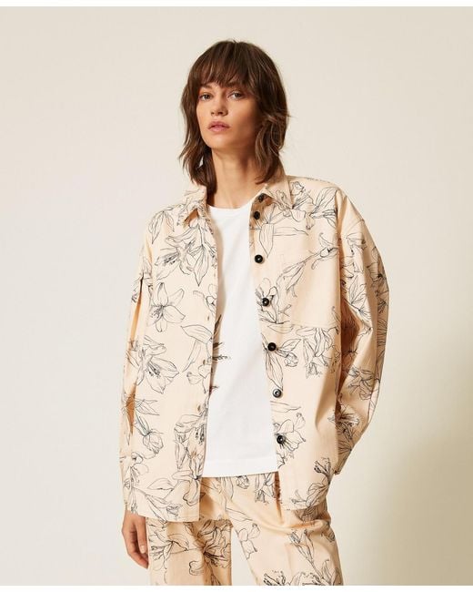 Twinset Natural Bull Shirt With A Floral Print