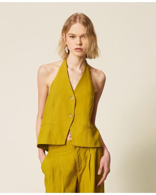 Twinset Yellow Linen Blend Halter Waistcoat