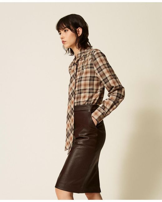 Twinset Natural Tartan Flannel Shirt With Embroidery