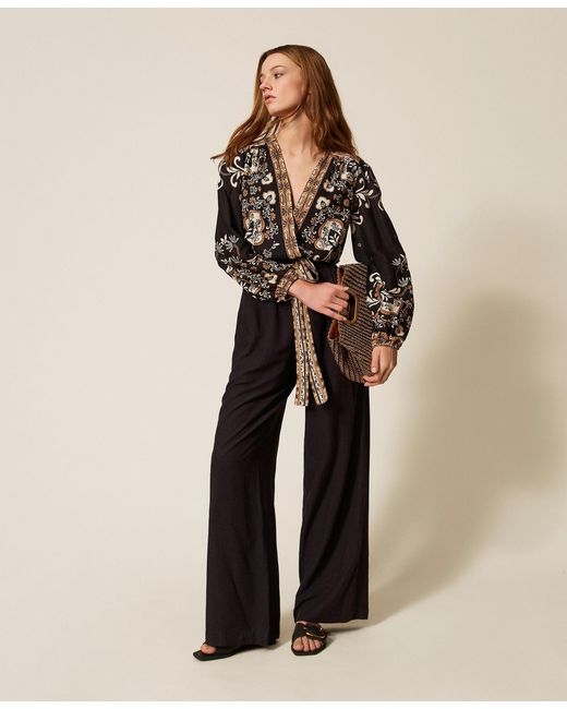 Twinset Multicolor Linen Blend Printed Jumpsuit