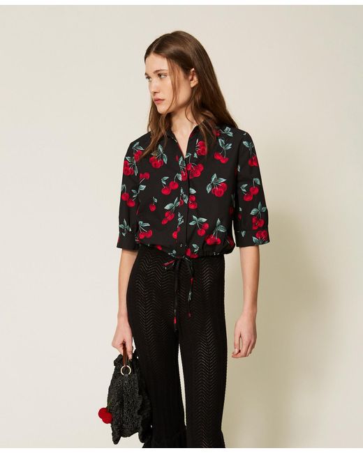 Twinset Black Cropped Poplin Shirt With Cherry Print