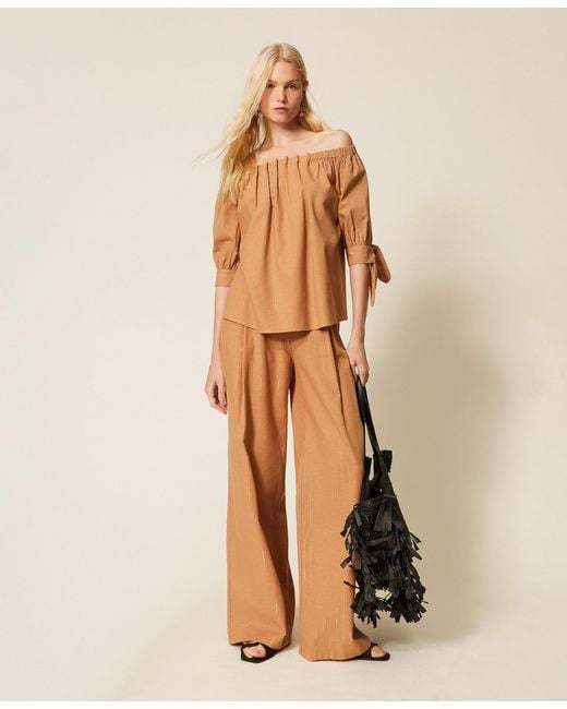 Twinset Natural Wide Lurex Pinstripe Trousers
