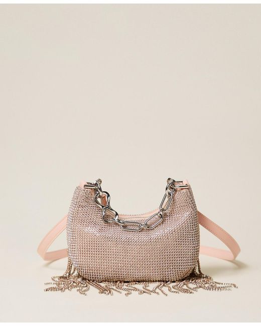 Twinset Natural 'Mini Croissant' Rhinestone Bag With Fringes