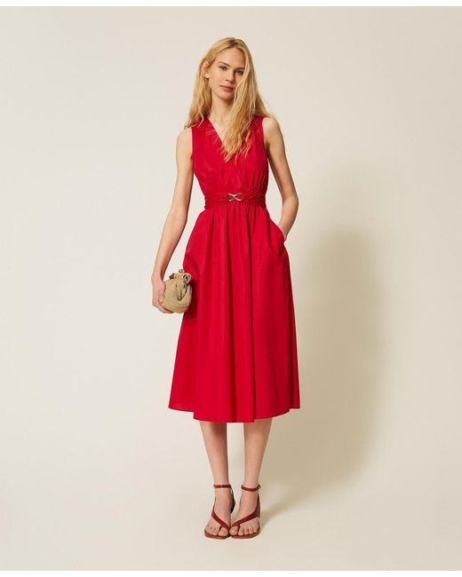 Twinset Red Midi Poplin Dress With Logo Belt