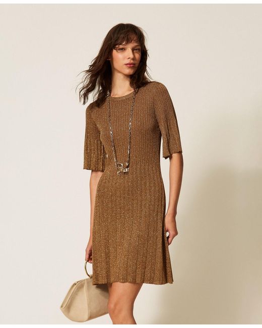 Twinset Brown Short Lurex Knit Dress