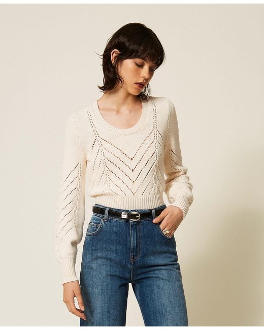 Twinset Natural Cropped Wool Blend Jumper With Chevron Design