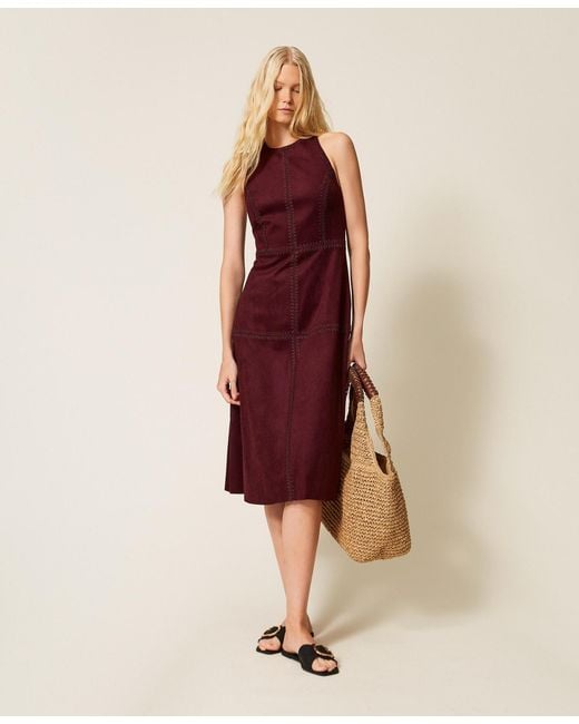 Twinset Multicolor Midi Suede Dress With Embroidery