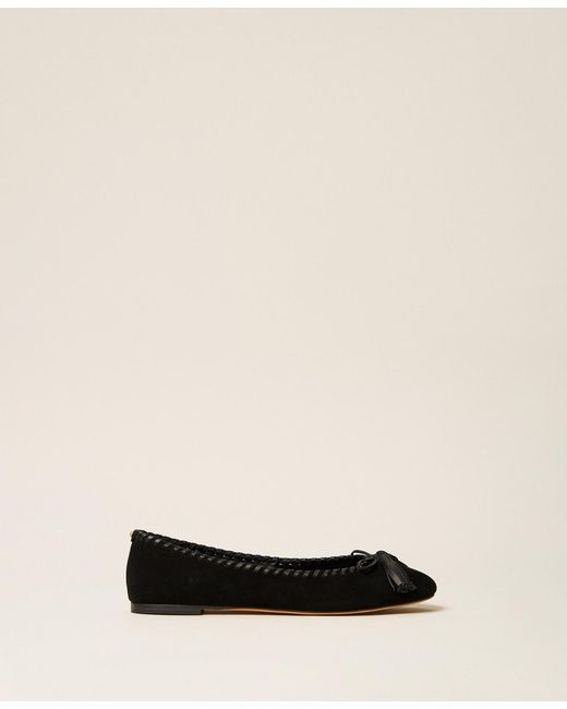 Twinset Natural Suede Ballet Flats With Bow