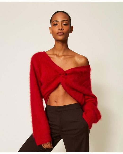 Twinset Red Brushed Wool Jumper With Knot