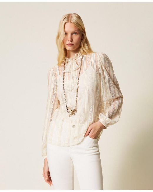 Twinset Natural Striped Lace Blouse With Bow