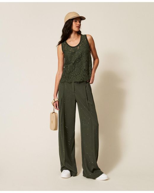 Twinset Green Twill Trousers With Studs