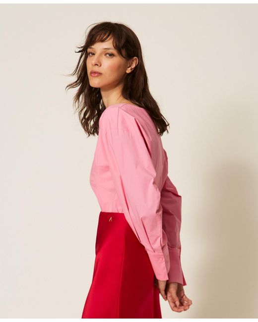 Twinset Pink Poplin Shirt With Crossover