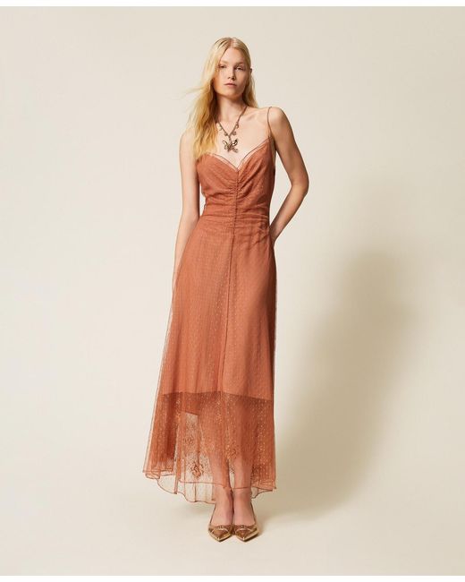 Twinset Natural Long Plumetis Tulle Dress With Lace