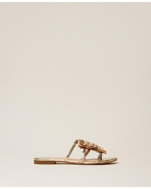Twinset Natural Flat Leather Sandals With Flower