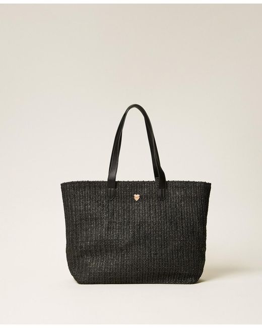 Twinset Black Raffia Shopper Bag With Fringes