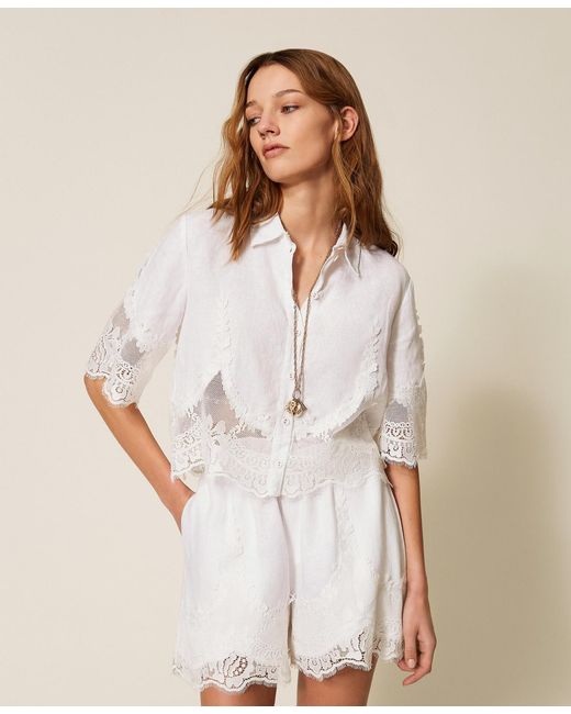 Twinset White Linen Shirt With Lace