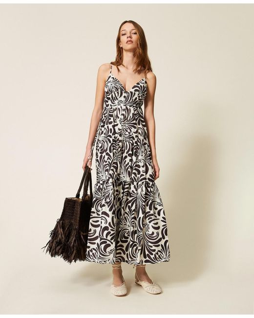 Twinset White Long Printed Poplin Dress