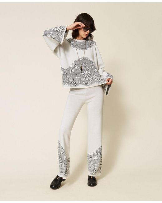 Twinset Natural Jacquard Wool Blend Knit Trousers