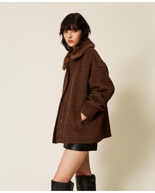 Twinset Brown Wool Cloth Check Caban Coat With Faux Fur