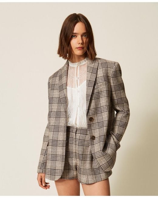 Twinset Brown Chequered Wool Cloth Blazer With Sequins
