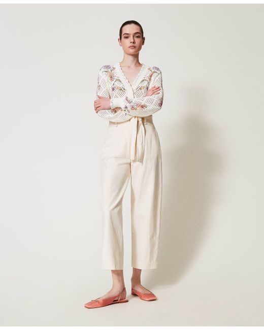 Twin Set Natural Cotton Blend Gabardine Trousers With Belt