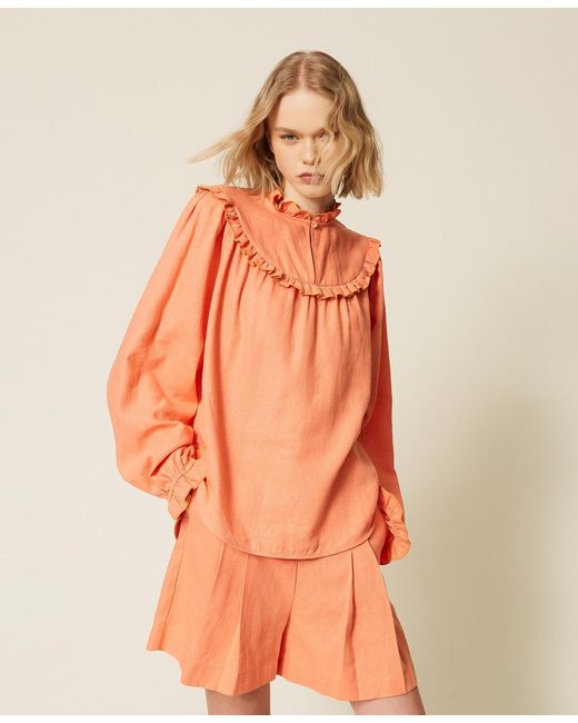Twinset Orange Linen Blend Blouse With Ruffles