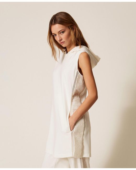 Twinset Natural Short Dress With Pleated Inserts And Lace