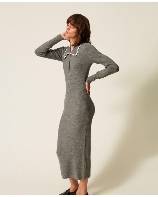 Twinset Natural Long Knit Dress With Crochet Collar