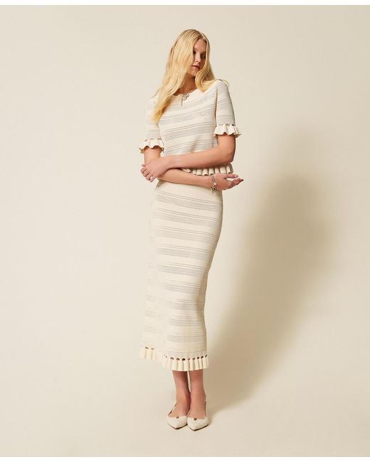 Twinset Natural Knit Midi Skirt With Ruffles