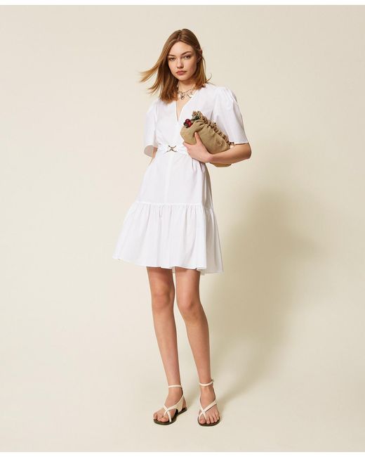 Twinset Natural Short Poplin Dress With Logo Belt