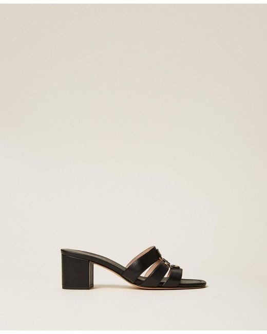 Twinset Natural Leather Mules With Logo