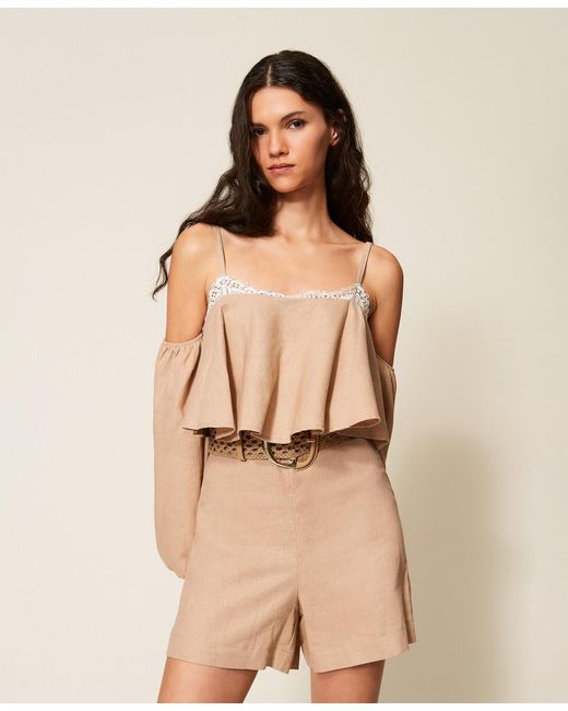 Twinset Natural Linen Blend Short Jumpsuit With Lace