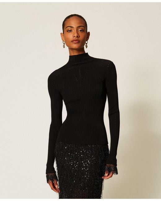 Twinset Black Turtleneck Jumper With Embroidery