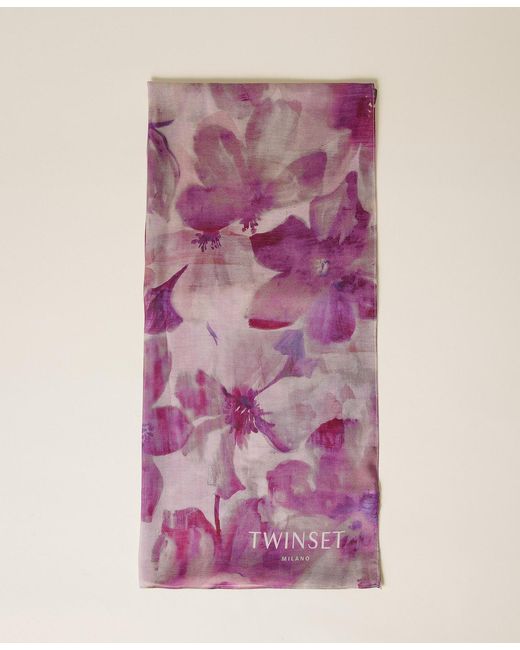 Twinset Purple Floral Stole With Logo