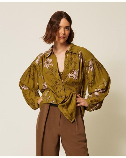Twinset Brown Floral Crêpe De Chine Shirt