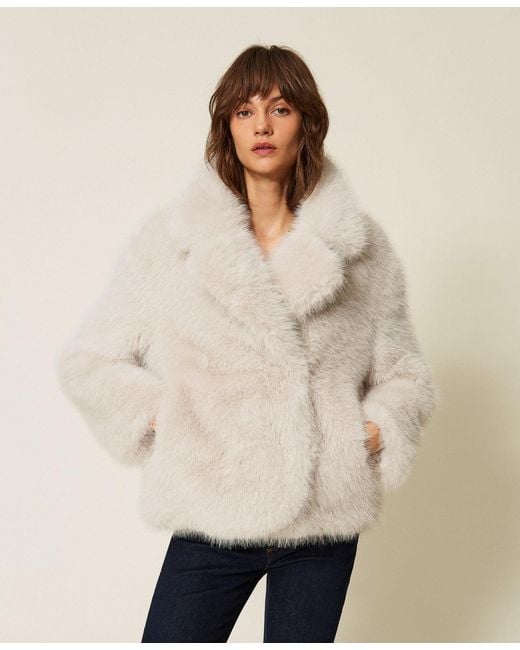 Twinset Natural Short Faux Fur Coat